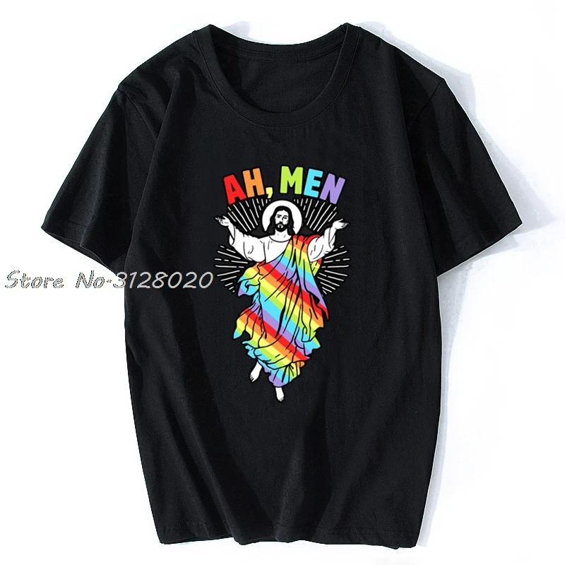 

Ah Men Funny LGBT Gay Pride Jesus Rainbow Flag God Gift T-Shirt Men Cotton TShirt Tees Tops Streetwear Harajuku