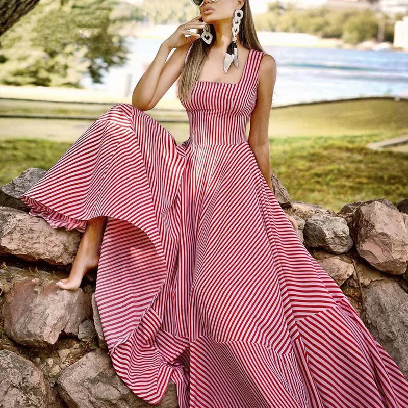 

2021 Summer Runway New Bohemian Print Stripe Sexy Off-Shoulder Party Slim Temperament Sling Mopping Dress High Quality