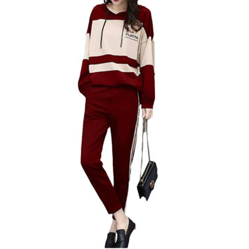 

2020 casual suit spring and autumn plus size hooded round neck top casual nine-point pants two-piece women
