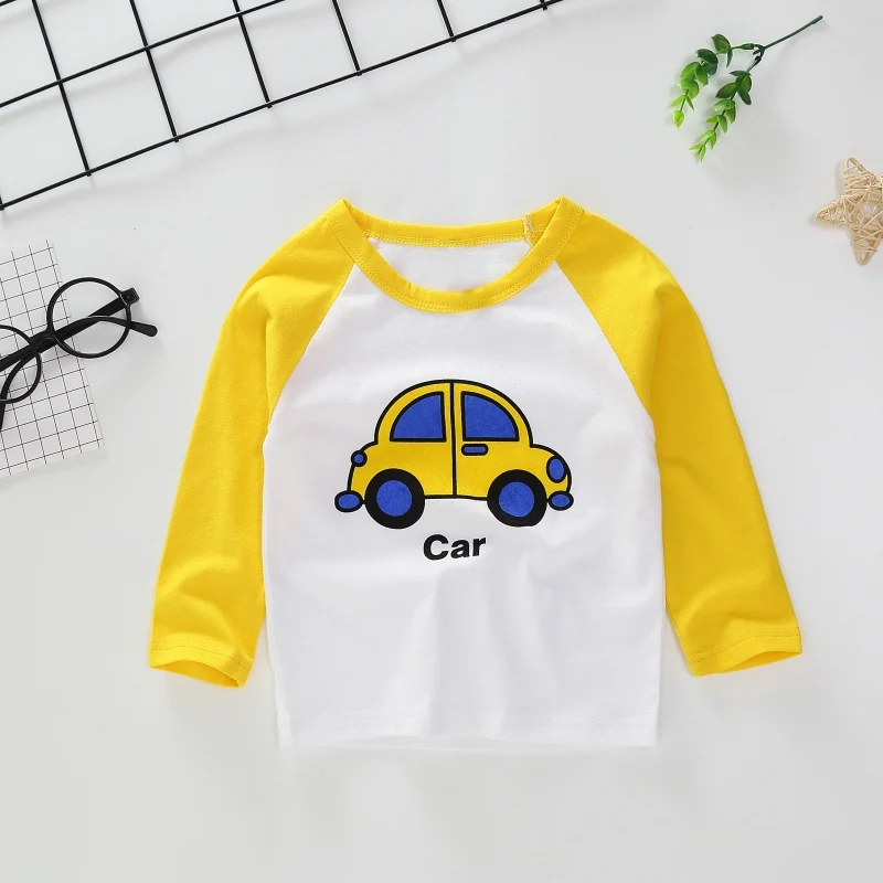 3204B Yellow Car Новые весенние хлопковые футболки с рисунком для мальчиков и девочек, детские футболки, футболки с длинными рукавами для мальчиков и девочек, детские топы, брендовая одежда для малышей 12 мес.-8 лет - Цвет: 3204B Yellow Car