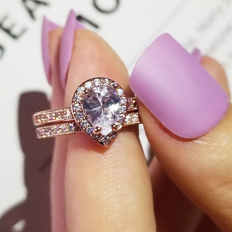 Новое поступление роскошный розовое золото Цвет груша набор обручальных колец