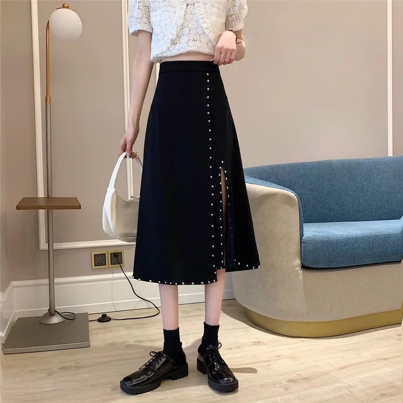 

Skirts womens Spring 2021 new high-waisted thin split design skirt mid-length irregular A-line skirt long skirts for women