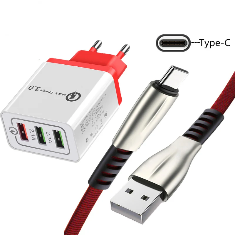 Fast Mobile Phone EU Charger Adapter Quick Charge 3.0 For Xiaomi Redmi Note 9S 8T 9 8 7 Pro 8A 9A 9C 5A Fast Type-c USB Cable