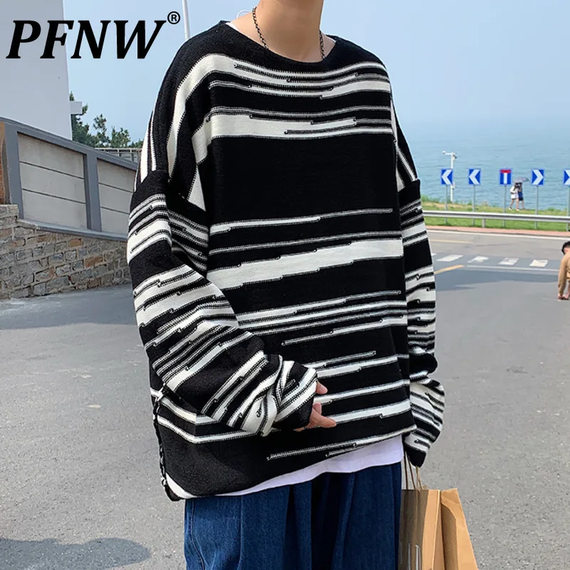 

Мужские свободные повседневные пуловеры PFNW в полоску, с длинным рукавом, Осень-зима, повседневная одежда для пар, 12x1177