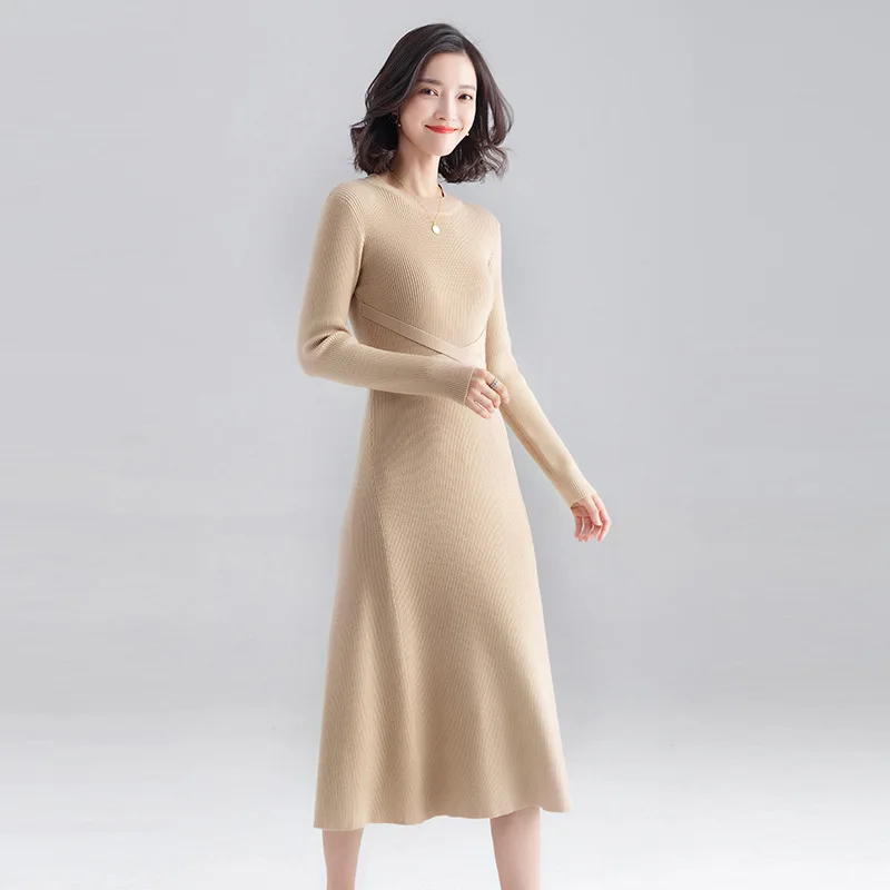 Бежевый INNASOFAN knitted dress women Autumn Winter long-sleeved dress Euro-American fashion chic dress solid color - Цвет: Бежевый