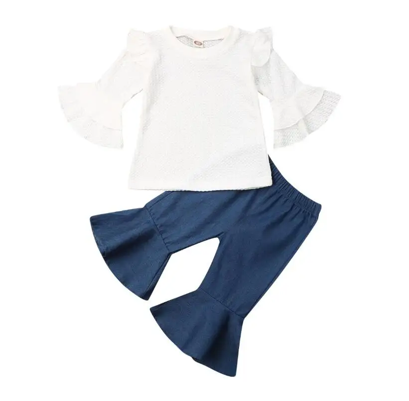 

Boutique Girl Clothes 2019 Newborn Baby Girls Outfits Sets White Trumpet Sleeve Top+Flared Trousers Pants