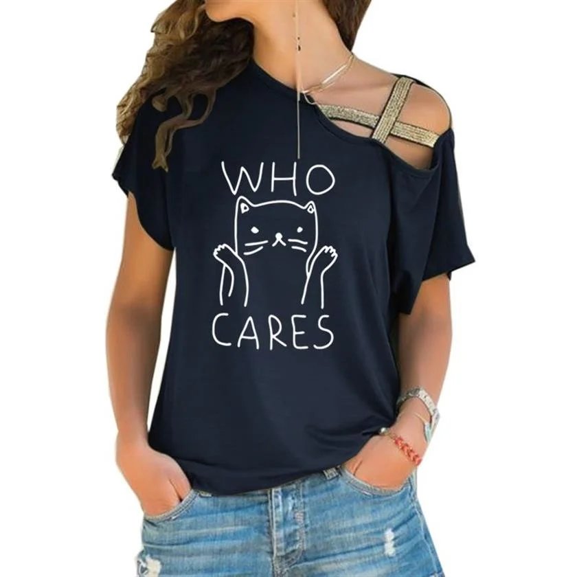 

New Fashion Top T-Shirt WHO CARES Letters Print T-Shirt For Women Summer Loose Female Skew Collar Off The Shoulder T-shirt