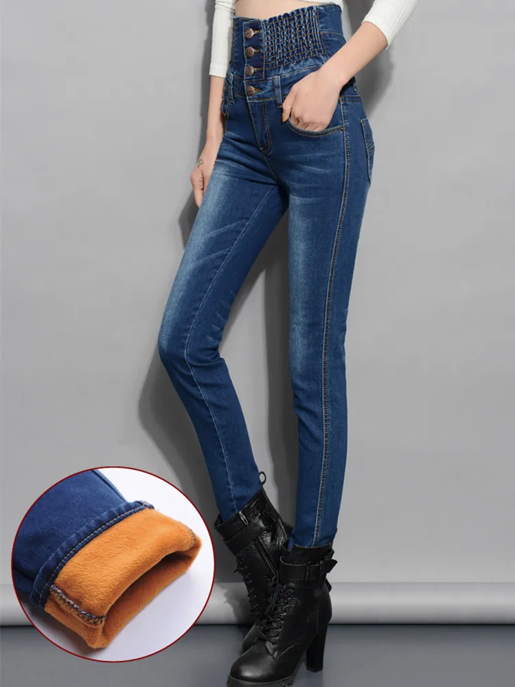 Зимние женские джинсы с высокой талией черные флисовые брюки большого размера из