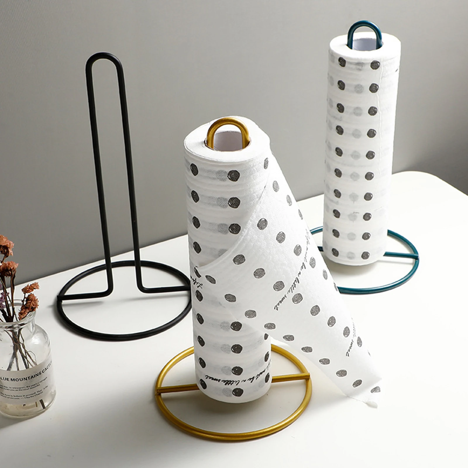 

Paper Roll Rack Holder Nordic Style Iron Desktop Roll Metal Wrought with Stable Round Base Freestanding Kitchen Dispenser