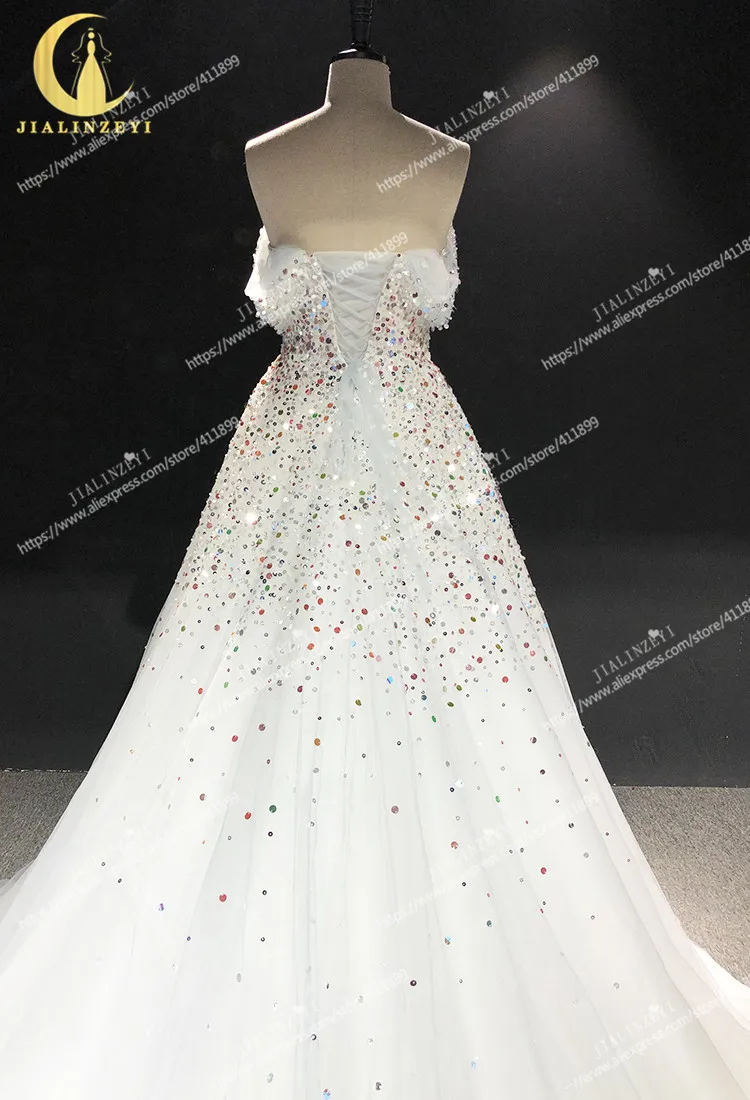 Rhine real Pictures Off the shoulder full sequins and crystal A-line платье на выпускной Wedding gown wedding dresses