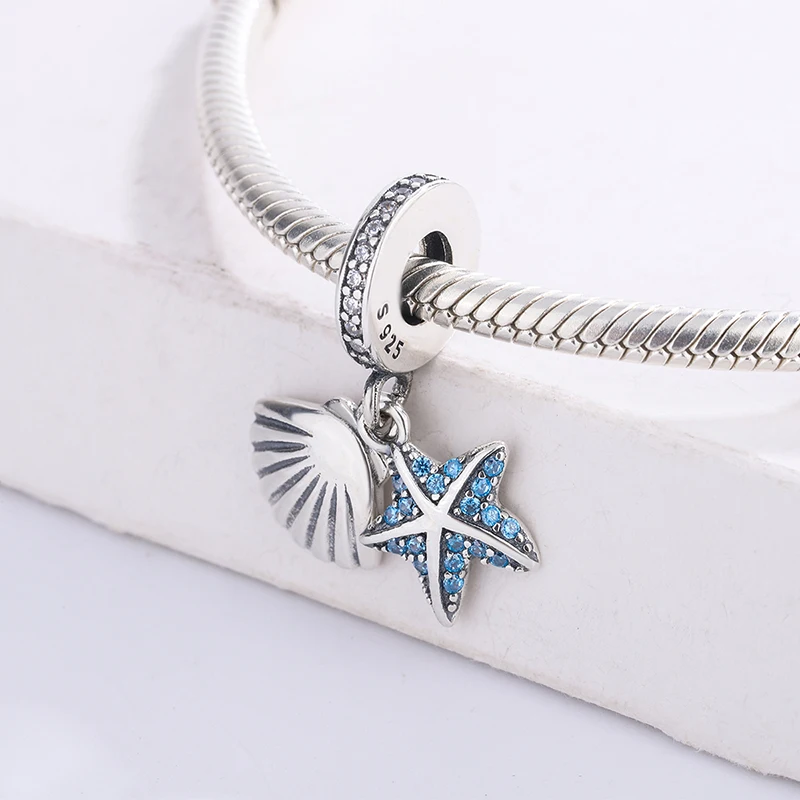 

925 Sterling Silver CZ Blue Zircon Summer Tropical Starfish Sea Shell Pendant Charm Bracelet Jewelry Making For Original Pandora
