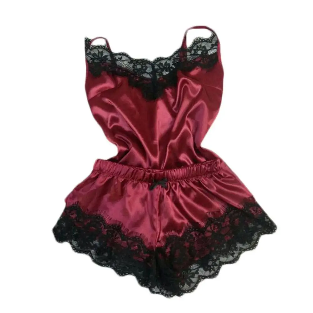 

2Pcs/Set Sexy Women Pajama Sets Silky Velvet Lace Strap Floral Lace Spaghetti Strap Vest Top Shorts Sleepwear Outfit Underwear