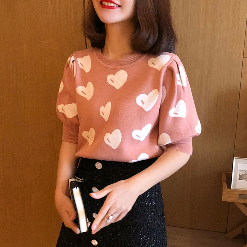 Женская трикотажная футболка с пышными рукавами shintimes летняя Милая в стиле