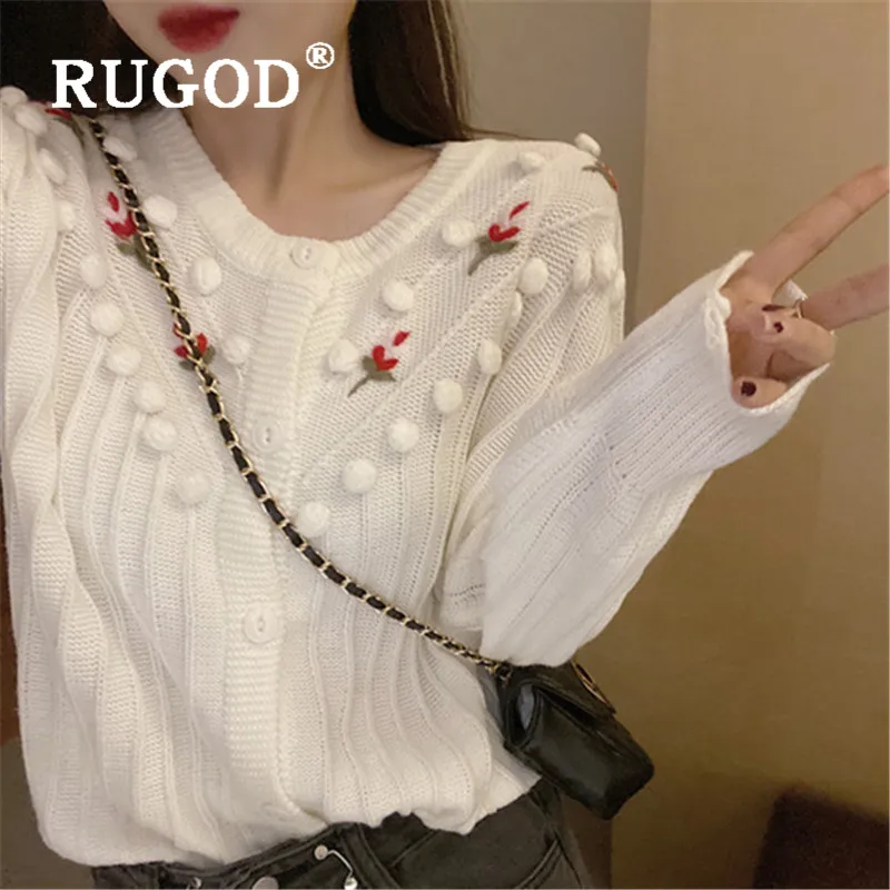 Женский вязаный кардиган с длинным рукавом RUGOD свитер цветочной вышивкой в