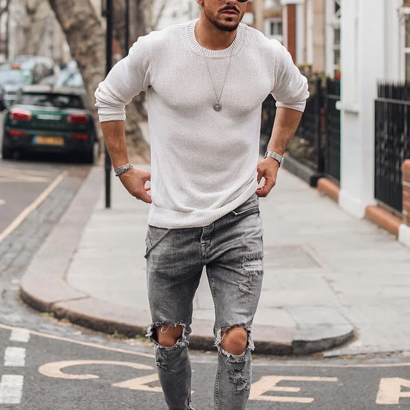

Casual Solid Slim Knit Jumper Tops Men 2021 Spring Autumn Long Sleeve Sweaters Fashion Mens O-Neck Sweater Pullovers Streetwear