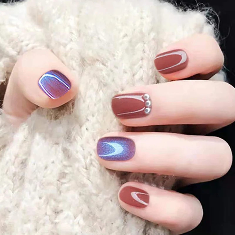 

24pcs Aquamarine Pearl Wear Short Paragraph Fashion Manicure Patch False Nails Save Time Wearable Nail Patch STTX889