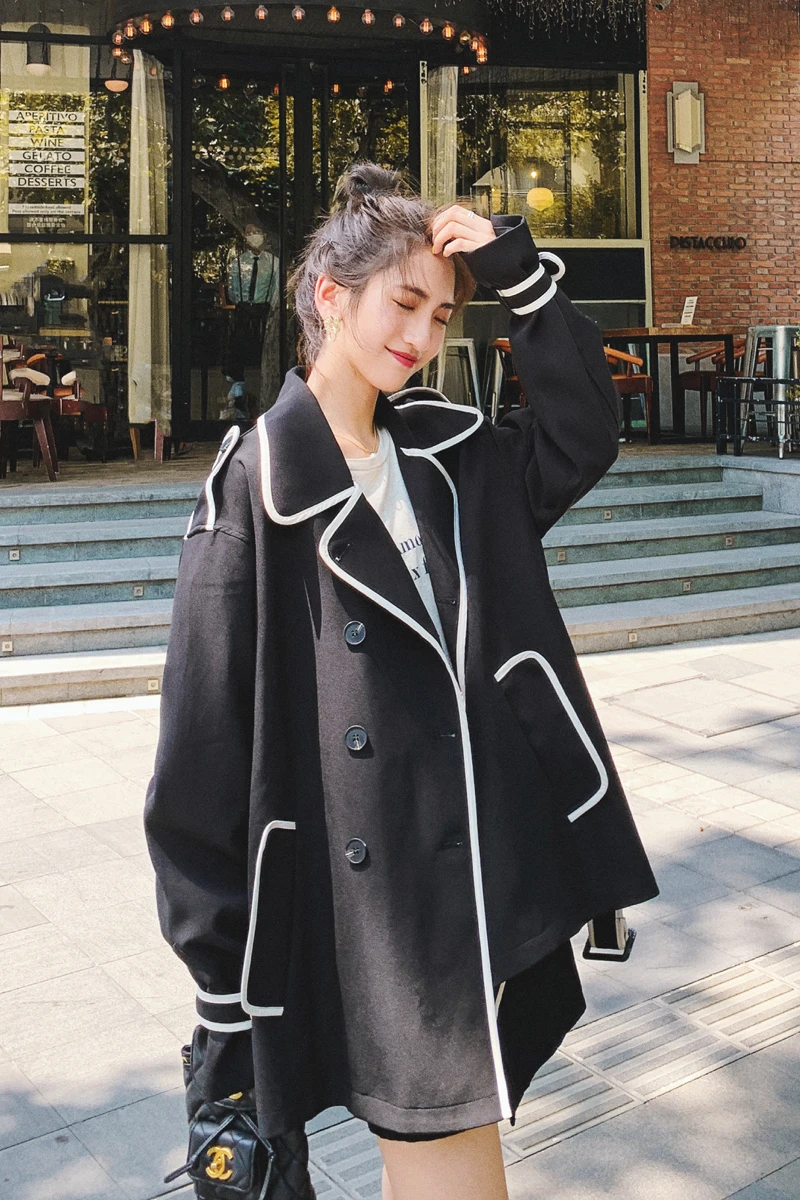 

Women Short Trench Jacket Loose Casual Splice Stripe Black Coat Female Korean Sashe Windbreaker Double Breasted Overcoat
