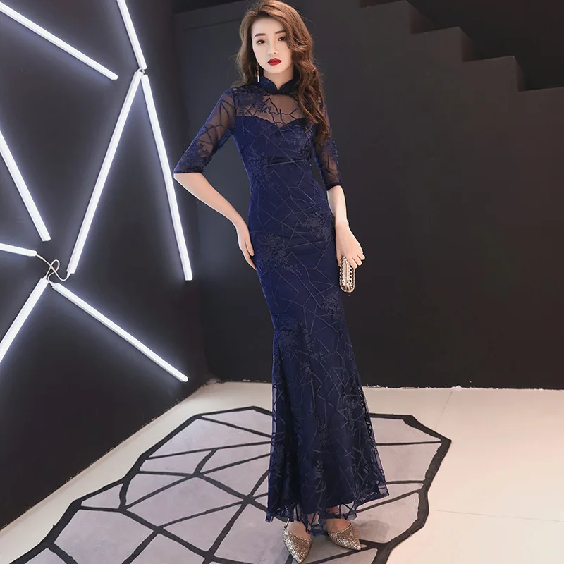 

Female Stripe Appliques Banquet Cheongsam Skirt Vintage Button Elegant Trumpet Dresses Formal Prom Gown Vestidos De Festa S-4XL