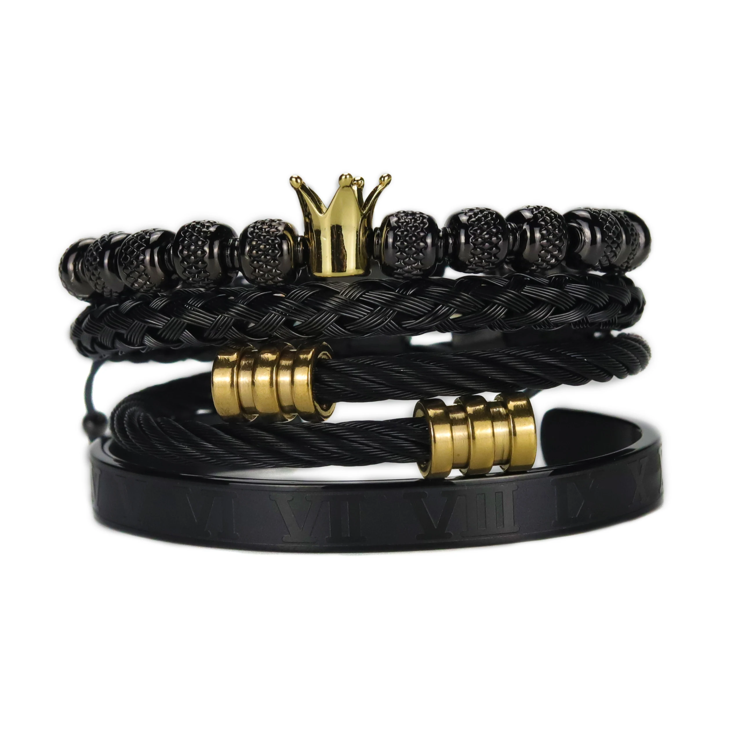 

4pcs/set adjustable cuff braid Stainless steel bangle Luxury King Crown Men Bracelet beads bracelets & bangles for Men Jewelry