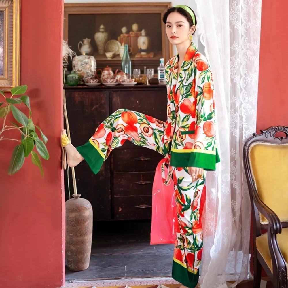 2023 Autumn Tropical Printed Silk Satin Pajamas Set Sleepwear Loungewear for Women Pyjama Female 2 Pieces Women's Home Clothing
