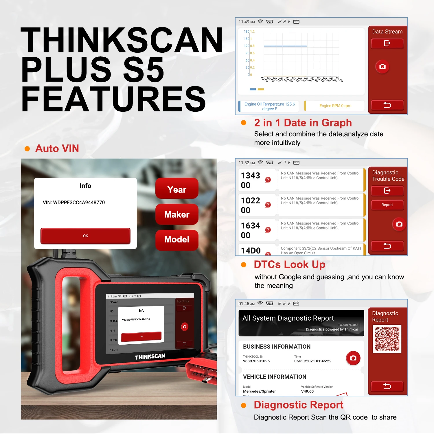 Автомобильный сканер THINKCAR Thinkscan Plus S5 OBD2 EOBD ABS подушка безопасности SRS трансмиссия