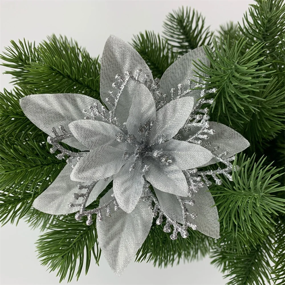 

5Pcs 13cm Glitter Artificial Flower Christmas Tree Decoration DIY Christmas Ornament Family Wedding Christmas Party Decoration