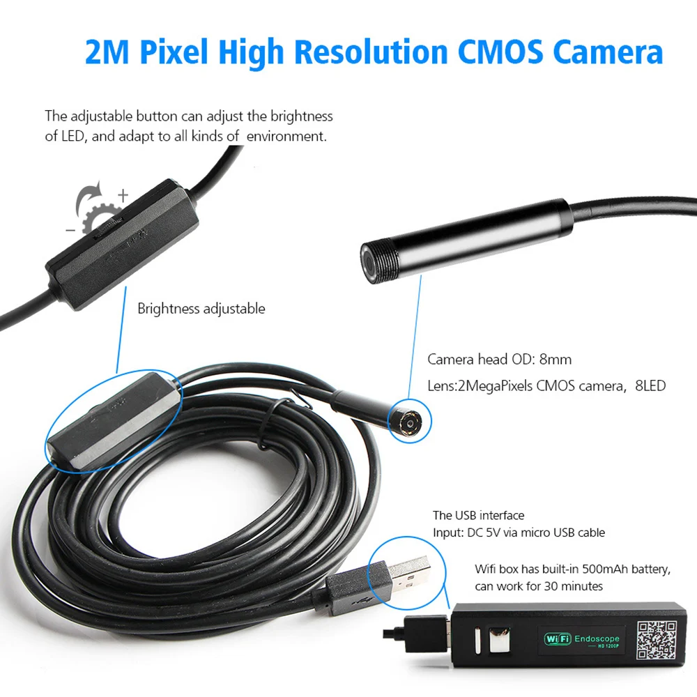 Full HD 1200P 2MP Wi Fi эндоскоп камера беспроводная 8 мм светодиодный жесткий кабель змея
