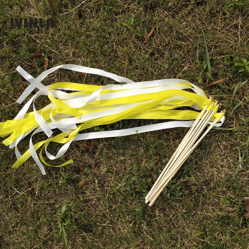 50 шт./партия Желтая и белая Свадебная лента палочки с золотым колокольчиком для