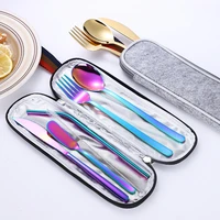 high quality stainless steel cutlery portable 7 piece dinnerware set knife fork spoon and straw brush storage bag kit