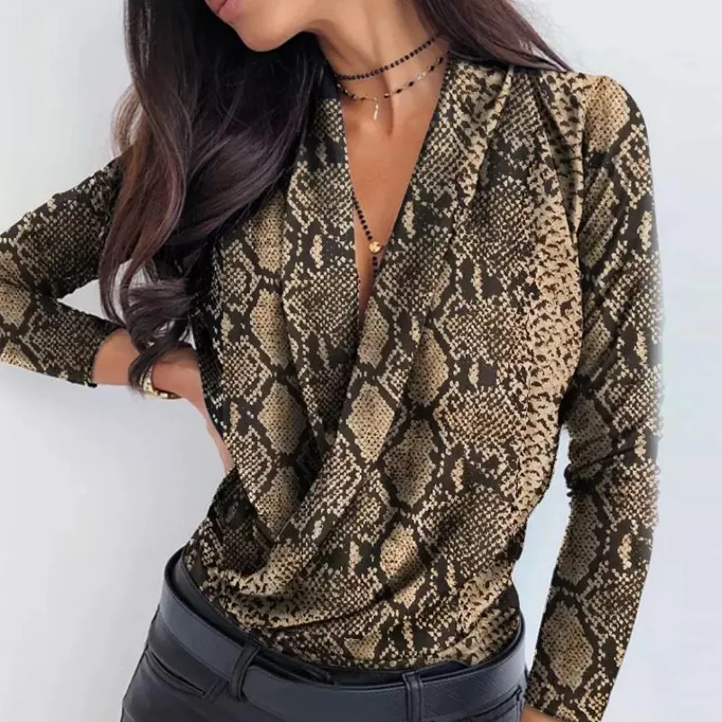 

Повседневные свободные женские рубашки с леопардовым принтом, лето 2020, v-образный вырез, длинный рукав, женская модная сексуальная блузка, т...