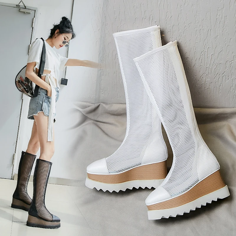 

Knee High Boots 2021 Summer Cool Boots Women Fashion Mesh Breathable Casual Wedge Boots Botines Platform Shoes Woman Boats Mujer