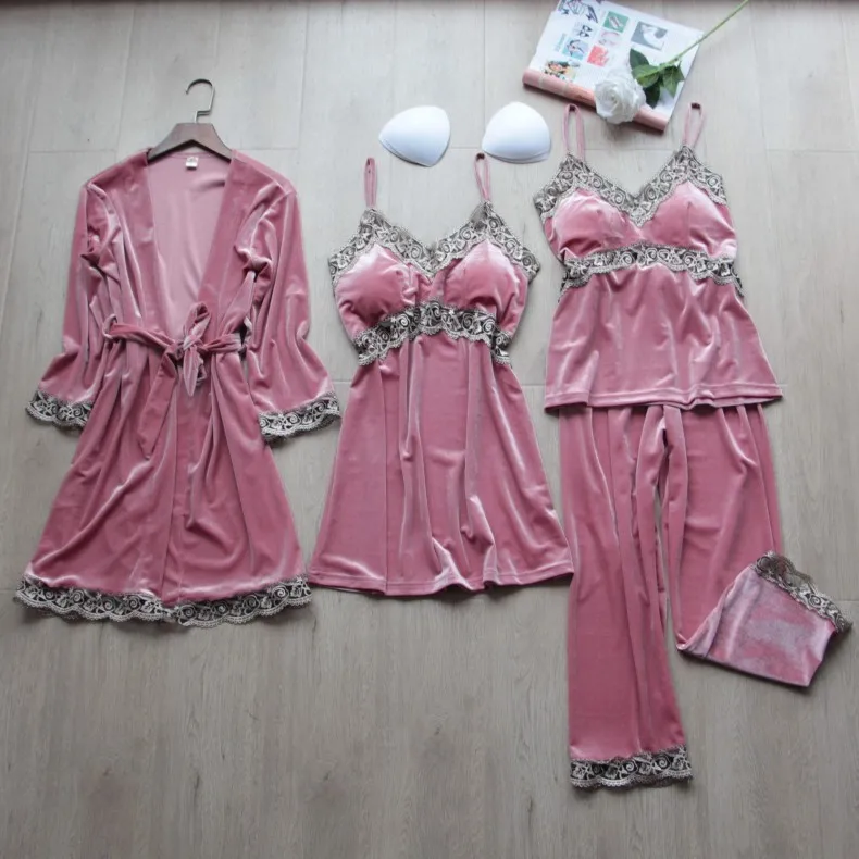 2022 New Spring Style Pajamas Women's Velvet 4Pcs Set with Breast Pad Sling Sexy Nightgown Home Clothes Lady Nightwear Sleepwear
