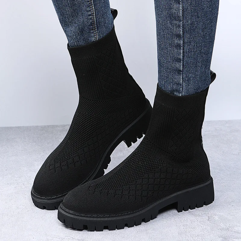 

New Autumn and Winter Ladies 2021Pointed Toe Flying Knit Sports Shoes Boots Martin Boots Low-heeled Fashion High Women Shoes