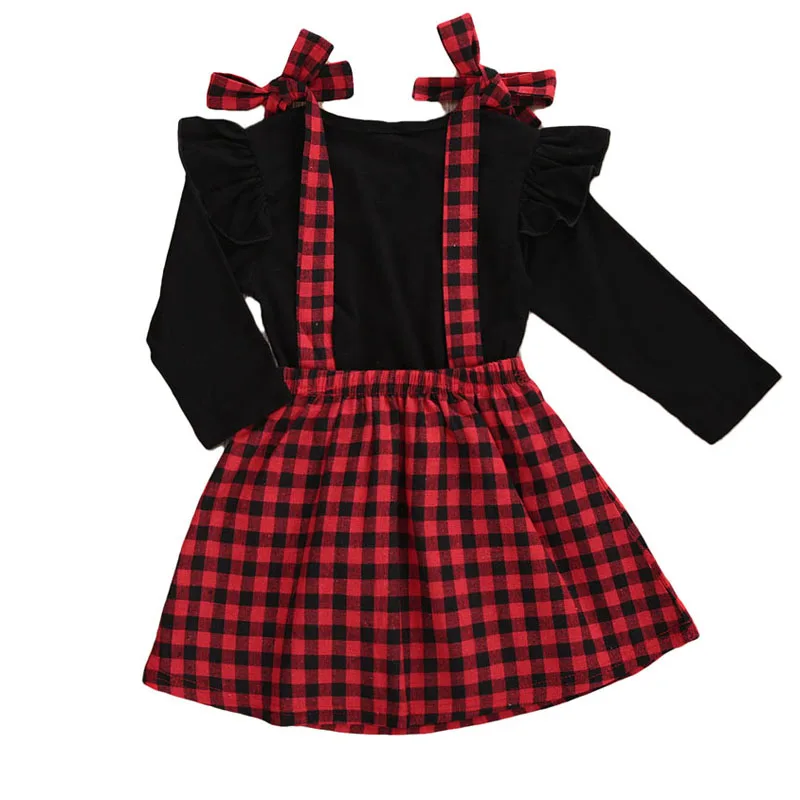 

2 Piece Baby Girl Top Skirt Suit Full Length Regular Sleeve Ruffles Round Neck T-shirt Plaid Printed Suspender Dress Sets