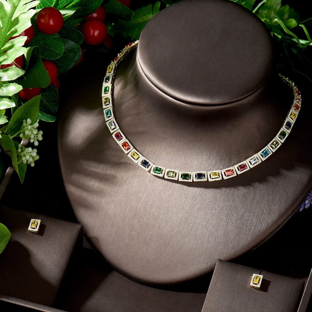 HIBRIDE потрясающий большой карат квадратный CZ Кристалл ожерелье и серьги роскошный