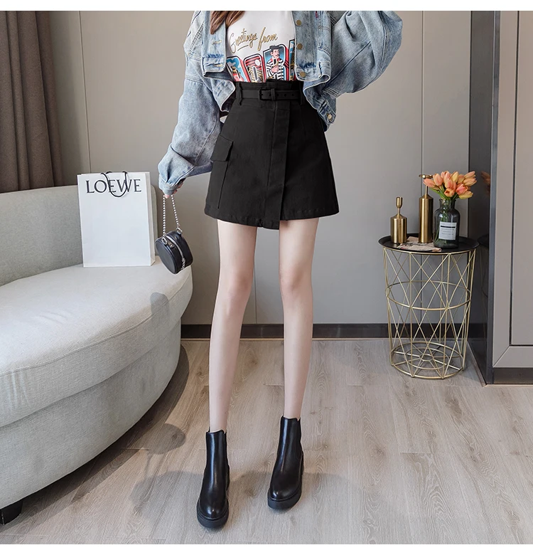Trytree Autumn Women Casual Empire Short Skirt 5 Colour A-line Fashion Elegant Pockets Button Belt Mini Office Lady Short Skirt