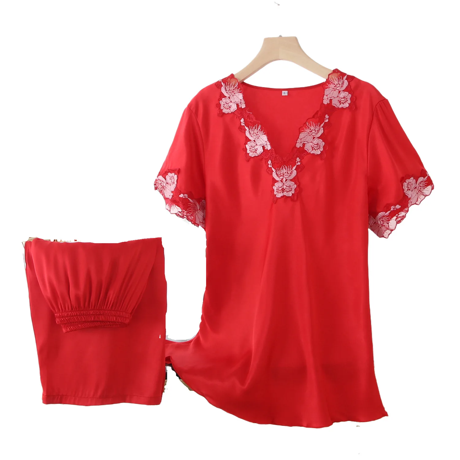 2021 New Summer Pajamas Sets Women's Ice Silk Sexy Nightgown Short Sleeve Trousers 2Pcs Suit Thin Loose Home Wear Sleepwear