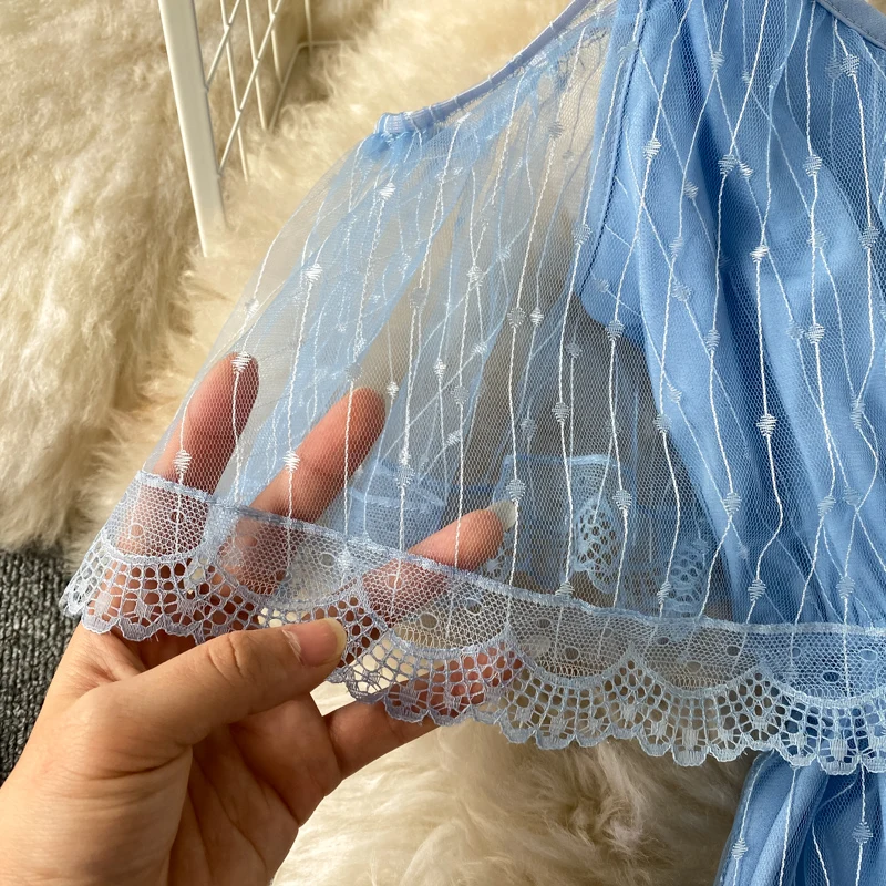 

New Summer Elegant Lace Patchwork Dress Holiday Beach Fairy Dress Sexy Women V-neck Spaghetti Strap Ruffled Long Dress