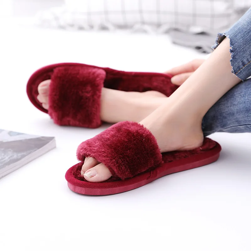 

Women's Fur Slides Home Winter Plush Slippers Soft Soles Indoor Flat Shoes Ladies Warm Slippers Dropshipping