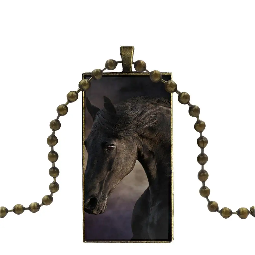Черная лошадь стекло кабошон кулон ожерелье прямоугольная Мода Ожерелье для