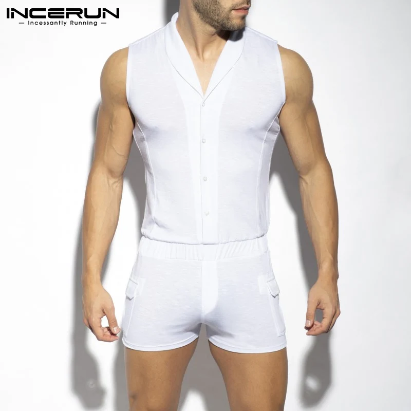 INCERUN Comfortable Homewear New Men's Onesies Casual Comfortable Solid Color Rompers Breathable Sleeveless Jumpsuit S-5XL 2023
