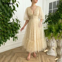 booma deep v neck beige tulle midi prom dresses half puff sleeves embroidered lace prom gowns tea length wedding party dresses