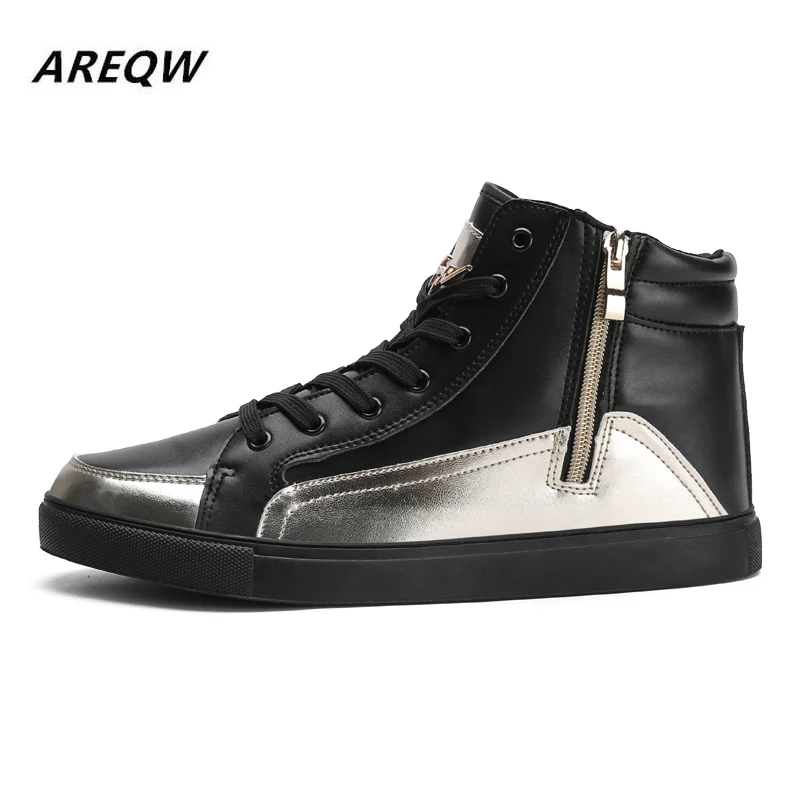 Мужские высокие кроссовки черные повседневные кожаные на плоской подошве с