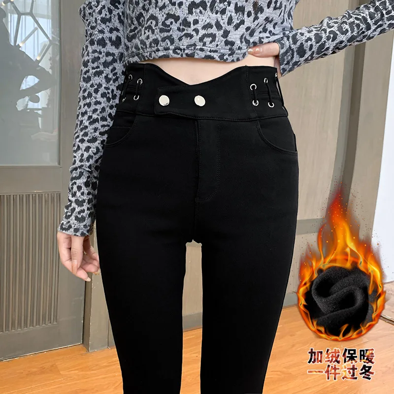 Зимние черные леггинсы с высокой талией корейские плотные бархатные тонкими