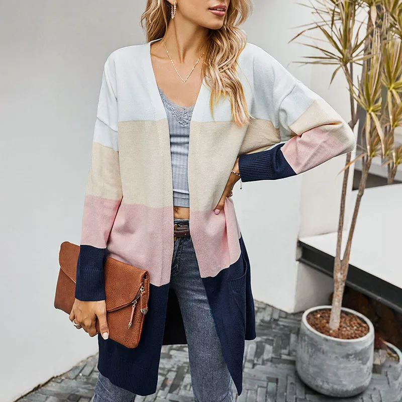 

Women'S Fashion Casual Stitching Knitting V-Neck Contrast Long-Sleeved Cardigan