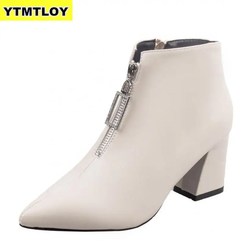 Brand Zipper Boots Woman Front Big Open Botas Mid-Calf Botines Winter Thick High Heels Patent Leather Martin Booties