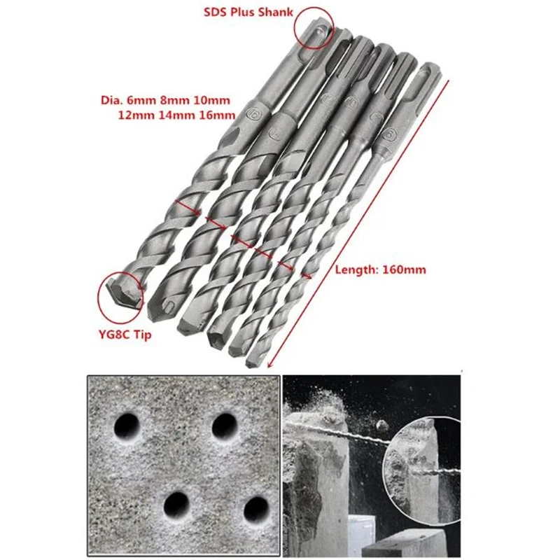 

6Pcs 6 to 16mm Electric Hammer Drill Bit Set 160mm Carbide Tip SDS Plus Shank Concrete Drill Bits