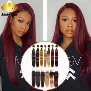 Прямые перуанские волосы с закрытием Aliafee, пряди с 4*4 кружевными накладными пряди, Омбре