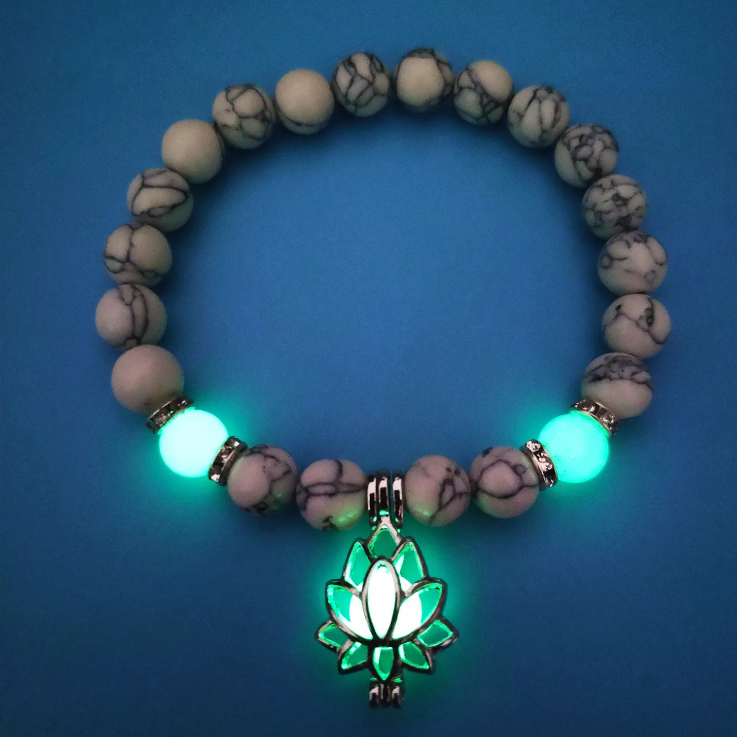 

New Synthetic Turquoise Bracelet Bead Bracelets Charm Bracelet Yoga Energy Luminous Lotus Elastic Beaded Bracelet for Women Gift