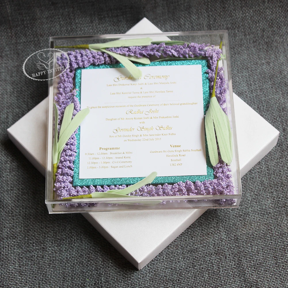 Free Shipping HI4083 Acrylic Box Wedding Invitation with Lavender Flowers Gold Foil Print For Theme | Дом и сад